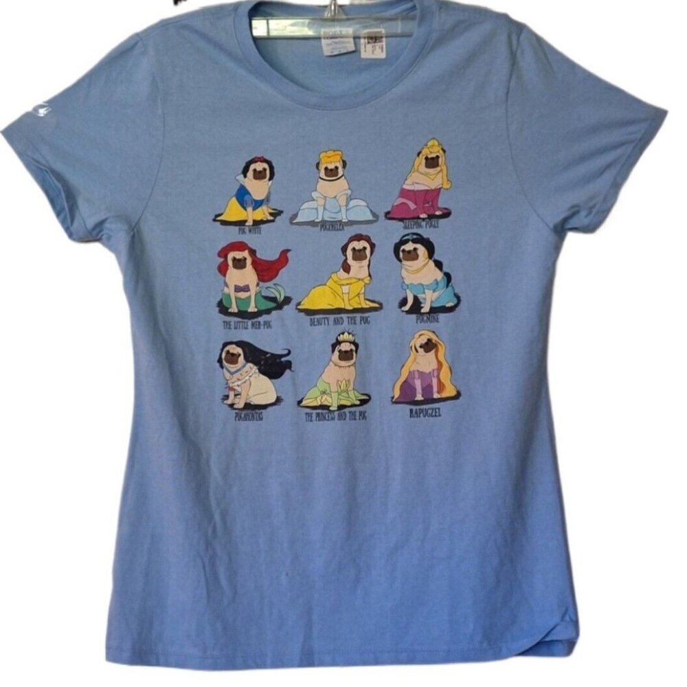 Princess Pug Baby Blue Short Sleeve T-Shirt Port & Co. Womens Medium NWT